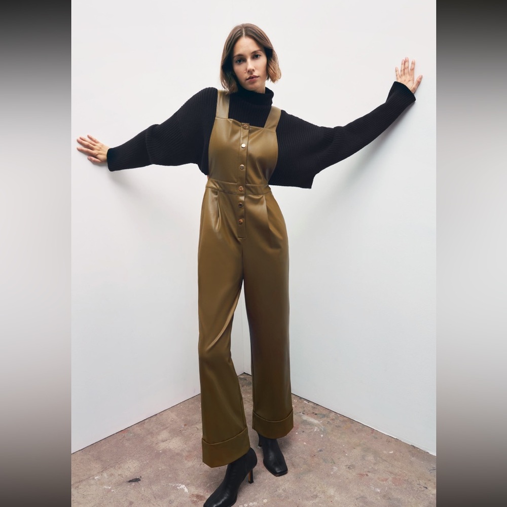 NWT! Zara Faux Leather Long Jumpsuit. Color Khaki. Size: XS. Gold Snap Buttons